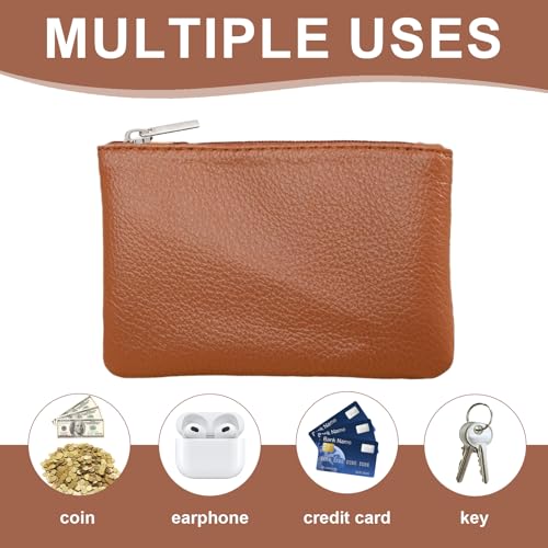 2 Pack Leather Zipper Coin Purse, Portable PU Leather Coin Purse,Mini Coin Pocket Pouch Change Holder, Coin Pouch with Zipper for Men Women Headset Credit Card ID Key Lipstick (Black&Brown)3