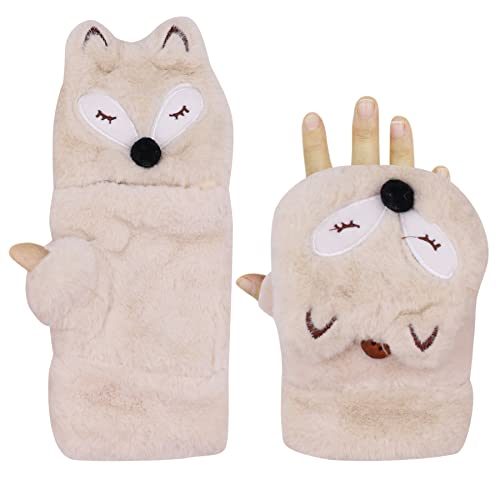 RARITYUS Women Girls Gloves Warm Soft Cute Fox Plush Convertible Flip Top Winter Fingerless Thick Mittens for Teen