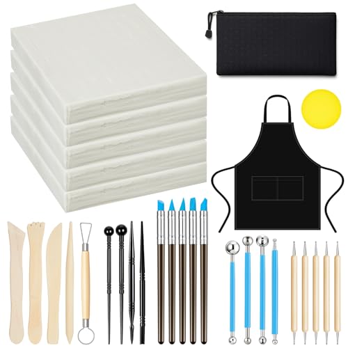 Motionchic 31pcs Ceramic Polymer Clay Sculpting Tools Oven Bake Pottery Clay White 5pcs Air Dry Clays Non-toxic with 25pcs Pottery Tool & Paint Brushes an Apron for Modeling DIY Jewelry Making Project
