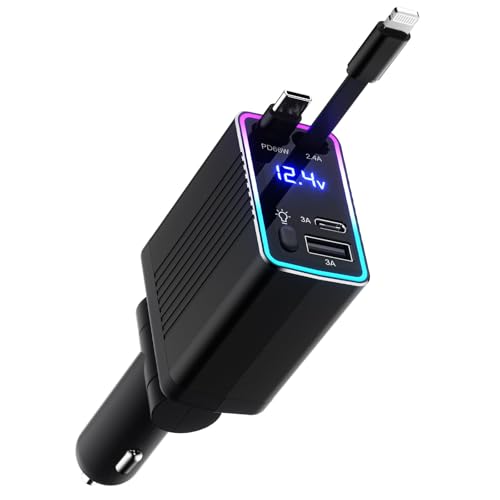 4-in-1 Einziehbares Auto Ladegerät,120W Auto ladegerät Kfz Zubehör,12V/24V USB zigarettenanzünder Adapter mit iPhone und Typ-C Kabel,Ultraschnelles Autoladegerät Kompatibel mit iPhone/Huawei (Schwarz)