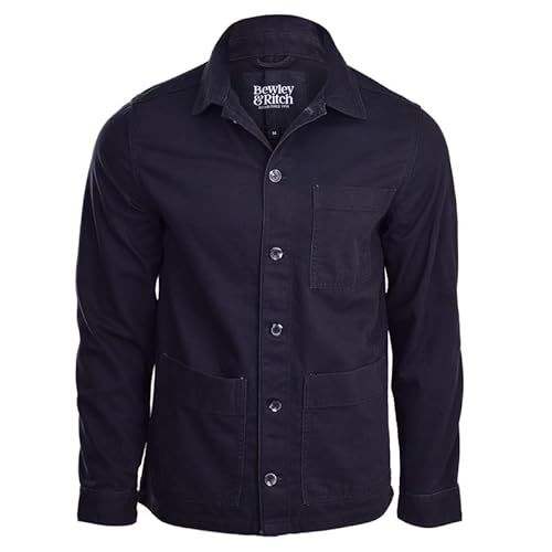 Spindle Men's Bewley and Ritch Cotton Shirt Jacket Casual Shacket Overshirt Work Coat Button Front Bedford Cord Fabric Corduroy Material On Trend Plain Shirts Black S