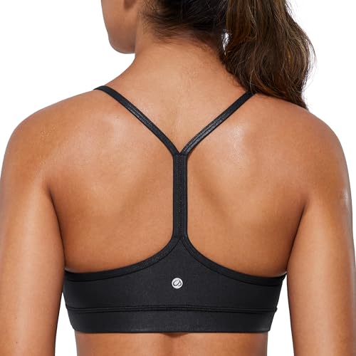 CRZ YOGA Butterluxe Womens Y Back Sports Bra - Padded Racerback Low Impact Spaghetti Thin Strap Workout Yoga Top Faux Leather Black X-Small