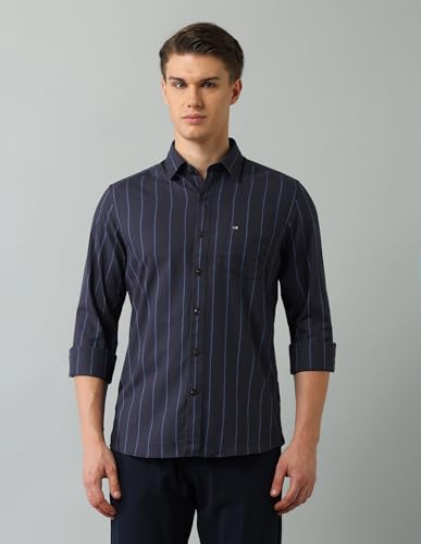 Image of Arrow Sport Men Slim fit Cotton Striped Long Sleeves Spread Collar Shirt