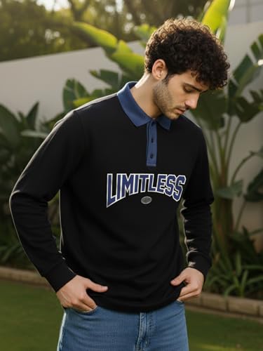 Image of Veirdo Men's Oversized Loopknit Cotton Polo Neck T-Shirt | Oversized Baggy Fit Full Sleeve Casual Streetwear Top with Ribbed Cuffs S-XXL