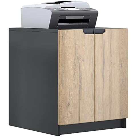 Vladon Druckerkommode Logan, Aktenschrank mit 2 Fächern und 2 Türen, Korpus in Schwarz matt, Fronten in Eiche Natur, (51 x 60,5 x 54 cm) Cover