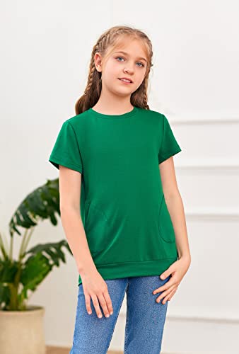 Haloumoning Girls Casual Short Sleeve T Shirts Color Block Tee Blouse Kids Loose Tunic Tops With Pockets Size 4-15 B-Green #TOP1