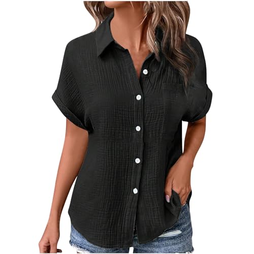 Womens Cotton Button Down Shirts Summer Short Sleeve Blouses Casual Collared Business Work Shirts Plain Gauzy Top