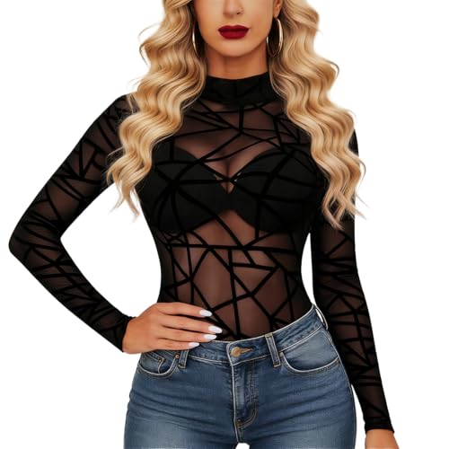 Body Sexy Mujer, Camiseta Transparente Mujer, Elástico de Manga Body Elegante con Parte Superior de Malla, Blusa Sexy Mesh Tops, Casual Elastico Mono Bodysuit Mangas Largas, Negra Clubwear