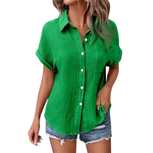 Aniywn Linen Button Down Shirt Women Short Sleeve Casual Linen Cotton Collared Blouses Loose Fitted V Neck Summer Beach Tops
