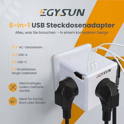 Steckdosenwürfel ohne Kabel mit USB-Anschlüssen und 3 Steckdosen
