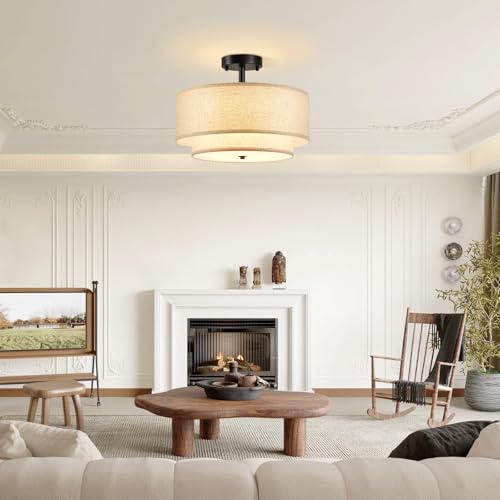 Ceiling Light, 16" Drum Light Fixtures Ceiling, 3-Light Semi Flush Mount Ceiling Light, 2-Layer Ceiling Light Fixtures with Fabric Shade,Kitchen Light Fixtures Ceiling Black Canopy for Bedroom Hallway by Maichixin - Image 6