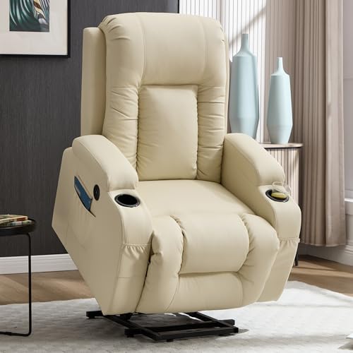 EZZUP Power Lift Recliner Chair for Elderly, Massage Recliner Chair with Heavy Duty Motion Mechanism, Single Motor Lift Chair with Lumbar Heating, Charging Port, Cup Holders - Faux Leather, Beige