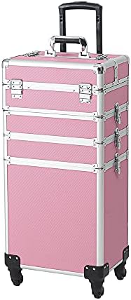 FRITHJILL Rolling Makeup Train Case,4 in 1 Aluminum Travel Cosmetic Organizer Trolley, Salon Barber Case Traveling Cart Trunk