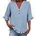 Aniywn Linen Top Women Beach 3/4 Length Sleeve Button Down V Neck Blouse Summer Boho Shirts Travel Tops Comfy Casual Shirt Light Blue