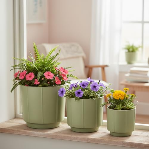 Image of Xtore Verde Ceramic Ribbed Planter Set | Soft-Tone Vertical Groove Plant Pots for Home & Office Decor - (Set of 3, Green, Planter ONLY)