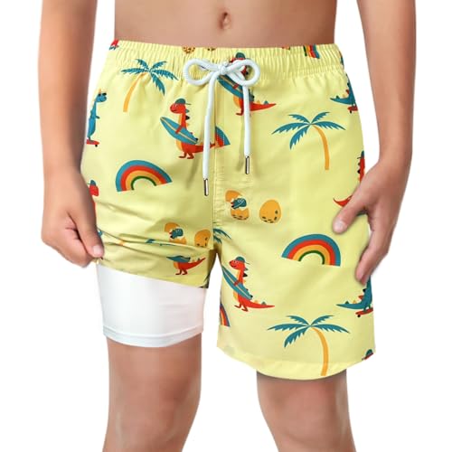 Image of Boys Swim Trunks with Boxer Brief Liner Compression Anti Chafe Swimming Shorts Stretchy UPF Quick Dry Swimsuit