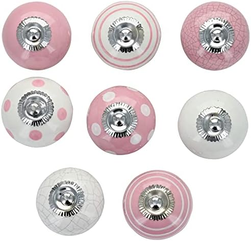 G Decor Light Pink and White Handmade Assorted Designs Ceramic Door Knobs, Vintage, Shabby Chic, Interior Furniture, Cabinet Cupboard Drawers Pulls Handles (8-Pack)