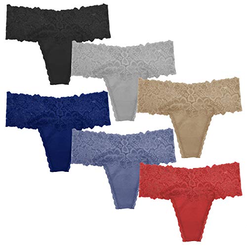 Wkfiinm Pack 6 High Waisted Lace Thong For Women Cotton Underwear Plus Size High Rise Retro Tummy Control Thongs Panties #TOP1