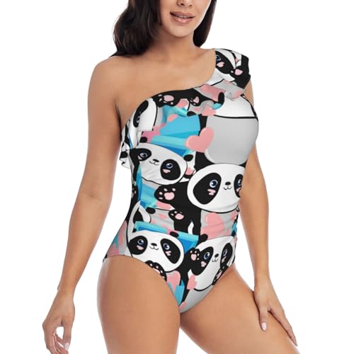 Pevtufa Panda Damen- Badeanzug, niedlicher Herz- Druck, einteilig, einschulterig, Rüschen- Badeanzug, Schwarz, L-3