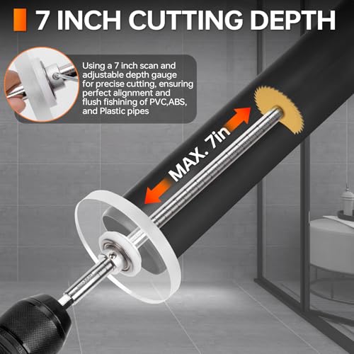 Image of THINKWORK Inside Pipe Cutter for PVC Pipe, Cutter Tool Set with 7 inch Scale Adjustable Depth Gauge, 5PCS Saw Blades and Hex Shank, Plumbing Internal Plastic PVC Pipe ABS Cutter Set
