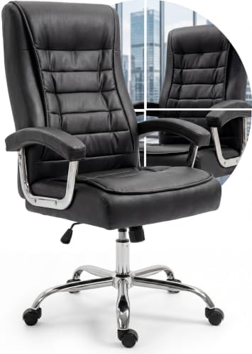 Cadeira de Escritório Presidente Ergonômica Preta com Molas Ensacadas, Sistema Relax 120° com Trava, Couro PU, Encosto Alto, Base Giratória Cromada, 5 Rodas, Para Home Office e Escritório