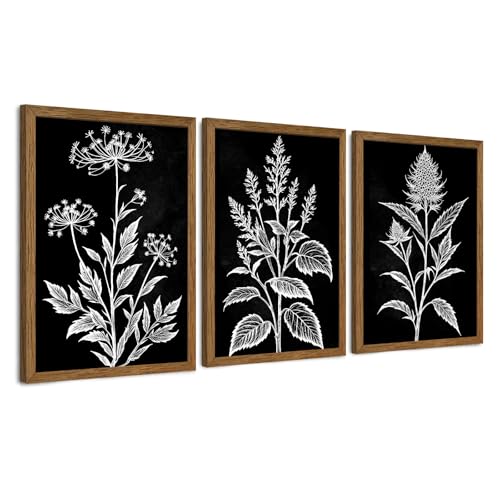 AVECCO Set of 3 Wood Framed Botanical Wall Art, Minimalist Black and White Plant Line Wall Decor, Easy to Hang Fade Resistant Canvas Art Prints for Living Room Bedroom Office, 12x16 Inch