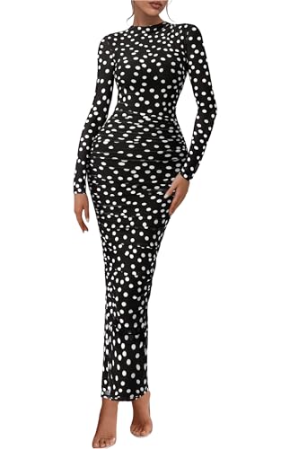 PRETTYGARDEN Women's Long Sleeve Maxi Dress 2025 Fall Ruched Bodycon Floral Mesh Formal Wedding Guest Cocktail Party Dresses (Polka Dot Black,M)