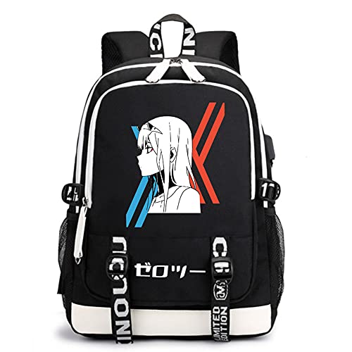 Xmecos Darling In The FRANXX Anime Backpack Zero Two Cosplay School Bag with USB Charging Port Laptop Backpack Unisex (Black8)