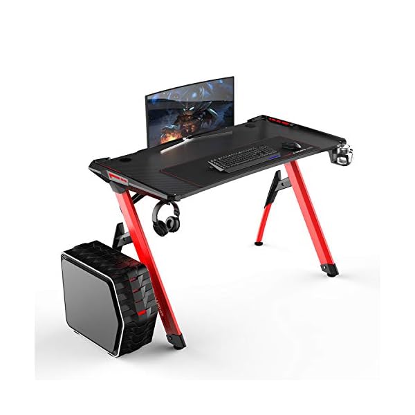 sogesfurniture Gaming Desk Ergonomic Computer Gaming Table PC Gaming Desks with LED Lights, Large Mouse Pad, Cup Holder and Headphone Hook,BHEU-ST-R3