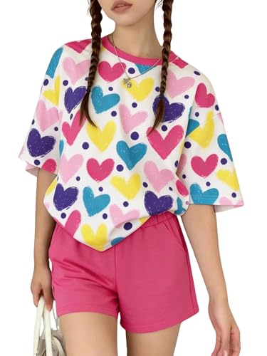 Image of Yoxindax Tween Girls Summer 2-Piece Outfit Set - Crew Neck Short Sleeve T-Cherry Print Shorts 7-14Y Summer Clothes