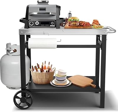 34x21IN Outdoor Grill Table, Grill Stand Cart for Ninja Woodfire & Blackstone Griddle, Pizza Oven Table for Outside, Extra-Wide Stainless Steel Cart with Wheels for Kitchen Food Prep Table