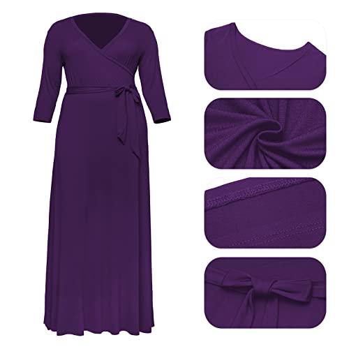 Image of Runwind Plus Size Dresses for Women Floral Maxi Dress Flowy 3 /4 Sleeve with Belt
