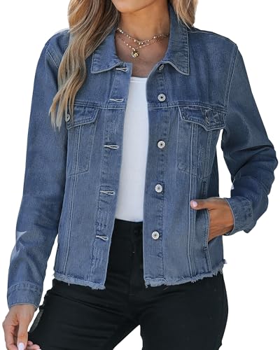 Vetinee Jean Jacket Women Trendy Button Down Long Sleeves Casual Distressed Frayed Hem Trucker Denim Jackets with Pocket