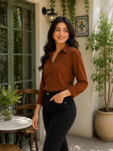 Image of FUNDAY FASHION Women Solid Regular Fit V Collered Casual Shirt
