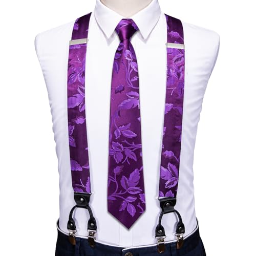 Image of Barry.Wang Men Suspender Set with Necktie Elastic Y Type Heavy Duty 6 Clips Braces Tie Handkerchief Cufflink Pin 6PCS