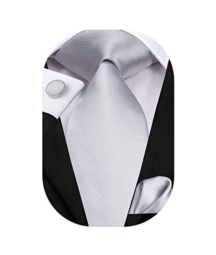 Hi-Tie Solid Silver Tie Mens Silk Necktie And Pocket Square Cufflinks Set Wedding #TOP9