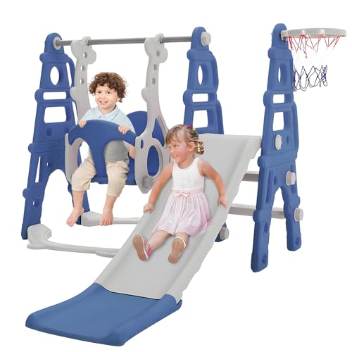 FUKEA Kids Slide Large 4 in 1 Toddler Slide Climber & Swing Set with Basketball Hoop Garden Climbing Frames Slide for Children Age 1-3 Indoor & Outdoor for Kids (Blue)