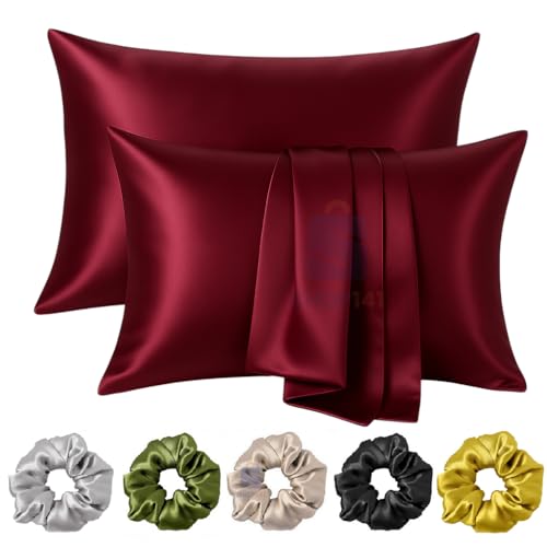 Image of Satin Pillow Covers for Hair and Skin Set of 2 with 5 Scrunchies I Satin Pillow case I Silk Pillow Cover I Silk Pillow case I Women Gift Items (Maroon)