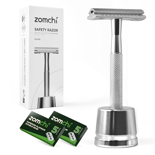 ZOMCHI Maquinilla de afeitar de seguridad con 10 hojas de afeitar de seguridad, maquinilla de afeitar de metal reutilizable para hombres y mujeres con soporte para maquinilla de afeitar - Plata