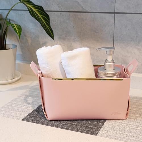 Image of Leather Portable Small Storage Basket for Desktop, Rectangle Decorative Box with Two Handles for Organizing, Storage Bin for Snack Sundries Cosmetics Stationery, 9.45''L5.5''W5.12''H (Pink)