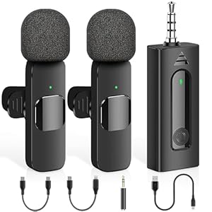4 in 1 Professional Wireless Lavalier Microphone – 2 Pack Mini Microphone for iPhone Android Camera, Noise Reduction Lapel Mic Ultra Low Delay for Video Recording, YouTube, Interview, Tiktok and Vlog