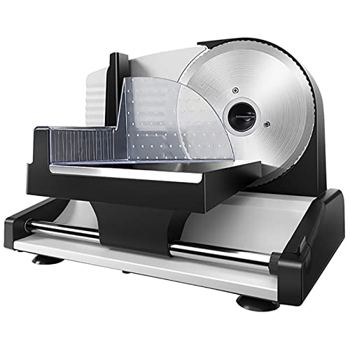 Cortadora de carne, cortadora eléctrica de alimentos para fiambres, 200 W, cuchilla de acero inoxidable extraíble de 19 cm y carro para alimentos, cortadora de alimentos de grosor ajustable de 0 a 1