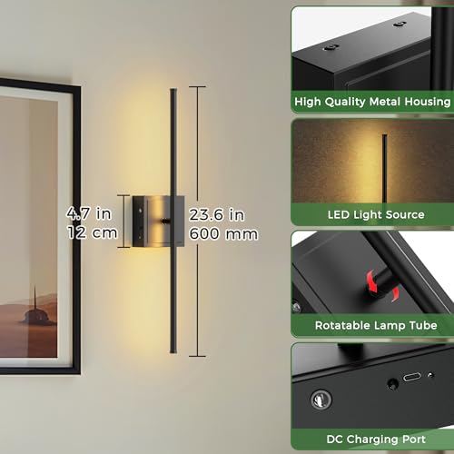 Image of DORESshop Battery Operated Wall Sconces Set of 2, Dimmable Battery Wall Sconce with Remote Control, Black 350Rotate Rechargeable Sconces, 23.7 Inch Wireless Wall Lights for Bedroom, Living Room