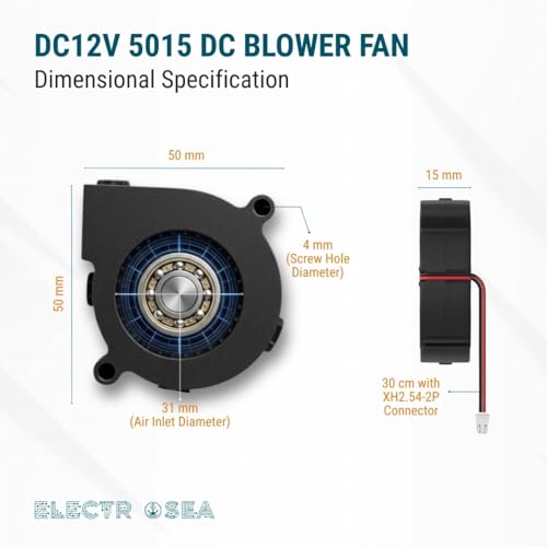 Image of ElectroSea 50 x 50 x 15mm 12V Fan DC I Brushless Turbo Blower Cooling Fan 5015 DC 12V Compatible 3D Printer Extruder Hotend I 2 Pin JST-XH Connector, 30 cm wire length (Quantity 3 x Turbo Fan)