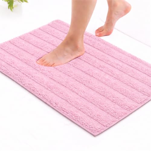 Image of Premium Combed Cotton Tufted Bathmat 45 x 65 cm, 1800 GSM Soft Absorbent Anti Skid Bathroom Floor Mat with Latex Backing, Quick Dry Non Slip Bath Rug for Shower & Daily Use, Stripes Rose