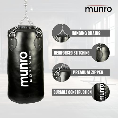 Image of MUNRO Punching Bag Synthetic Leather, Filled PU Boxing Bag, Heavy Duty Punch Bag for Boxing, Martial Arts, Judo, Kickboxing with Rust Free Hanging Chain (Filled- Black, 2.5 Feet)