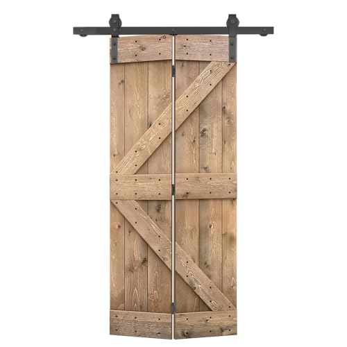 34 in. x 84 in. K Series Light Brown Stained DIY Wood Bi-Fold Barn Door with Sliding Hardware Kit