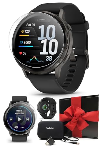 PlayBetter Garmin Venu 4 (Slate/Black), 45mm Fitness GPS Smartwatch Gift Box Bundle - AMOLED Display, Built-in Flashlight, Long Battery Life HD Screen Protectors, Wall Adapter & Case