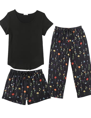 Image of Ekouaer 3 PCS Capri Pajamas for Women Set Short Sleeve Pajama Sets Floral Pj Sets Soft Sleepwear with Pockets