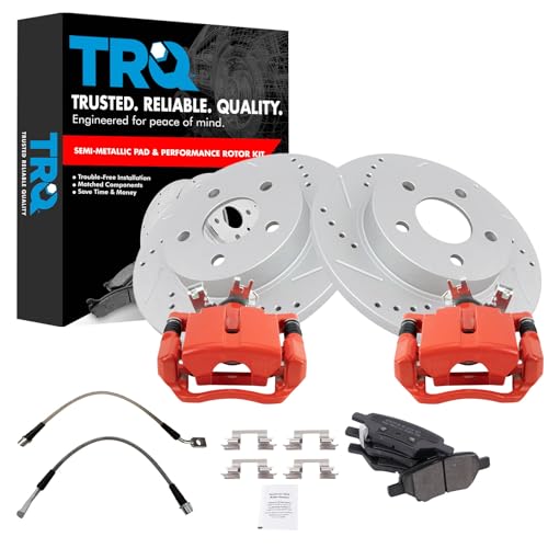 Image of TRQ Performance Rear Brake Pad and Rotor Set Semi Metallic Coated Rotors Calipers Compatible with 2005-2007 Chevrolet Malibu